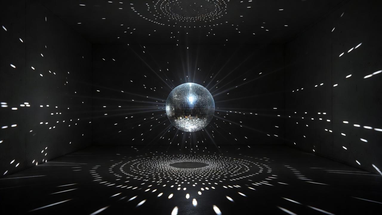 Mirror ball scattering points of light across a dark, empty room