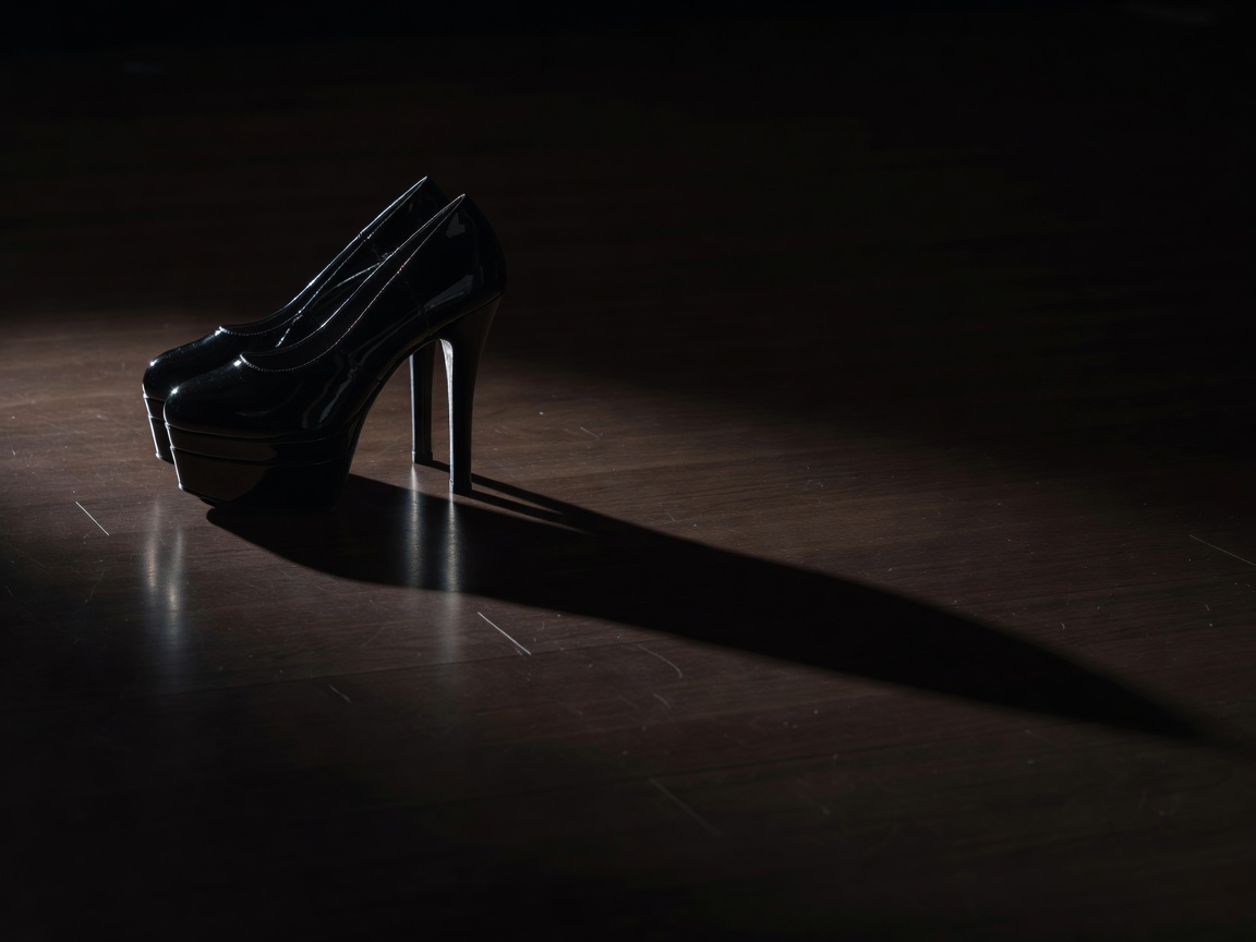 Pair of glossy platform dance shoes on a dark floor with dramatic side lighting