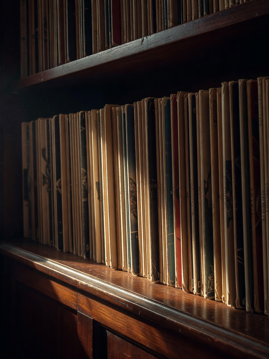 Rows of record sleeves on a dark wooden archive shelf lit from one side