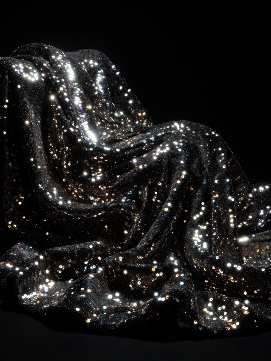 Folds of reflective sequined fabric glinting in a dark setting with strong contrast