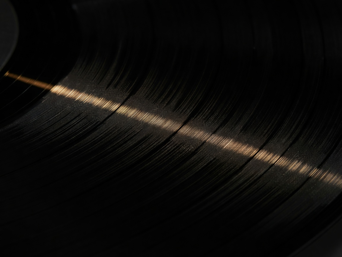 Macro photograph of vinyl record grooves catching a sliver of warm light against black shadow