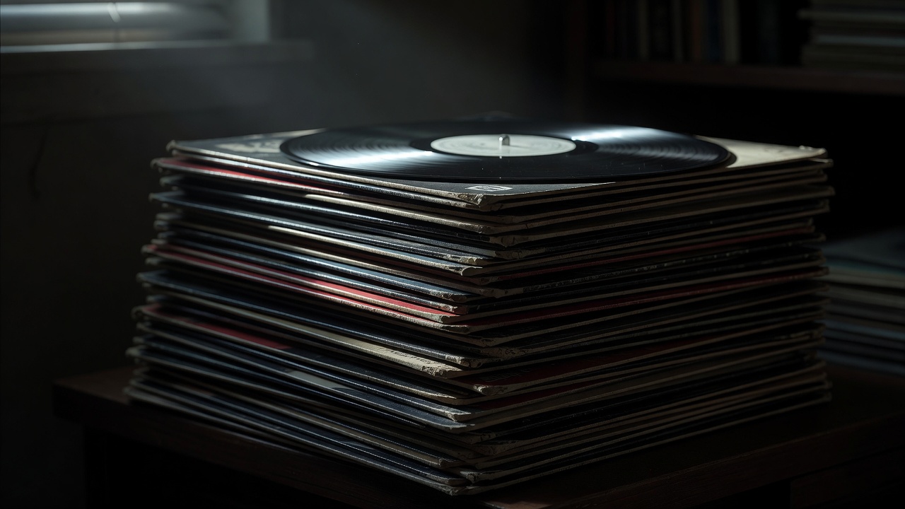 Stack of vinyl records in low light with sharp highlights on the sleeve edges
